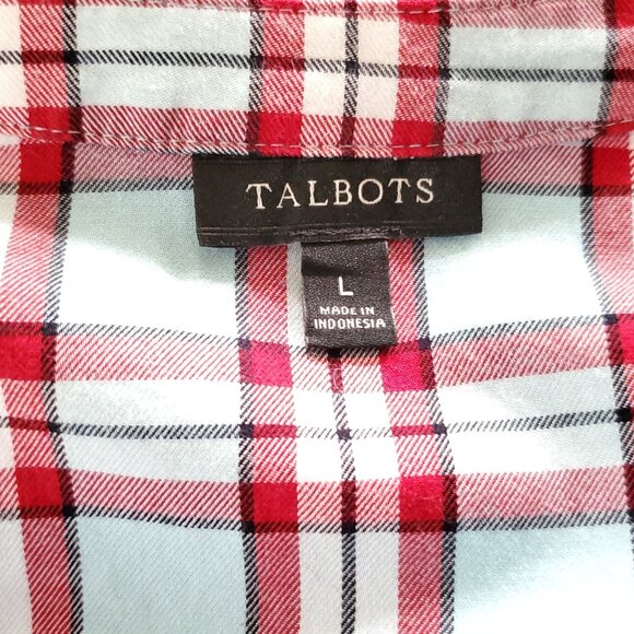 Talbots Plaid Top Shirt L Blue Red V Neck Pin Tuck Pleats Button Front - Picture 4 of 5